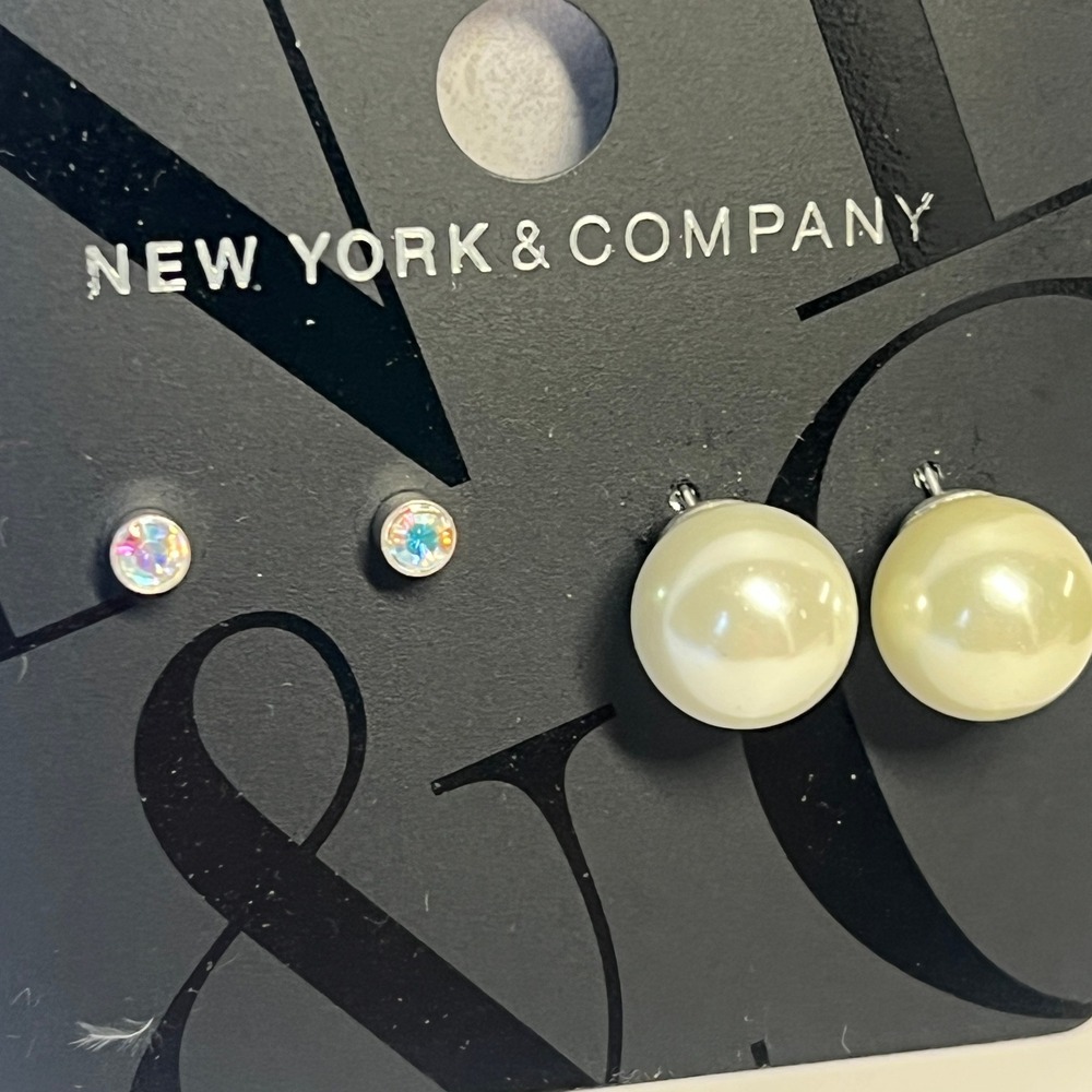 New York & Company Faux Pearl Crystal Stud Earring Set Silver Tone Classic New